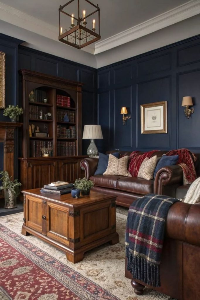 Dark academia den with vintage decor.