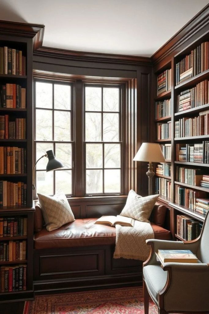 Classic dark wood window seat.