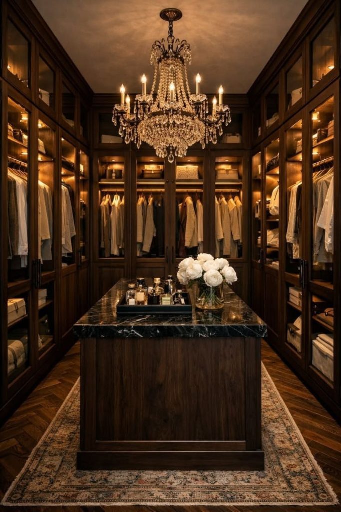 Dark wood luxury dressing room.