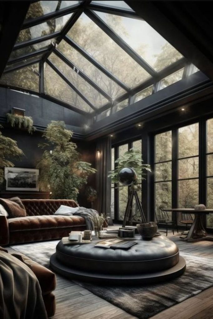 Dark moody conservatory with lush greenery.