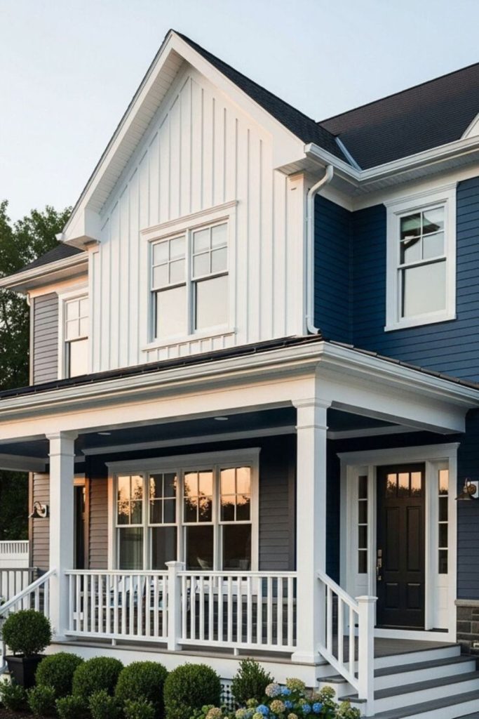 Deep navy house with white trim.