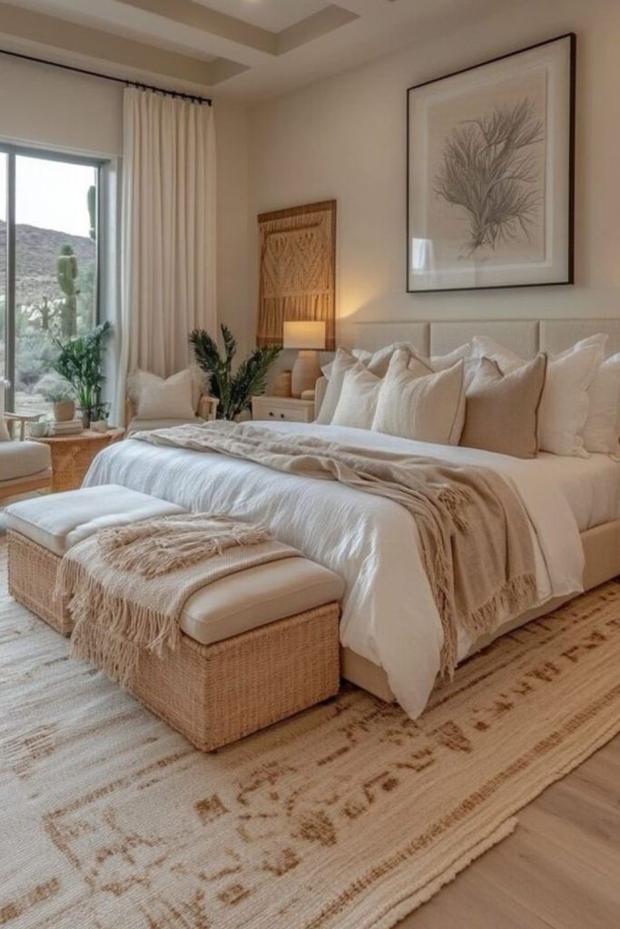 Warm desert beige luxury bedroom retreat.
