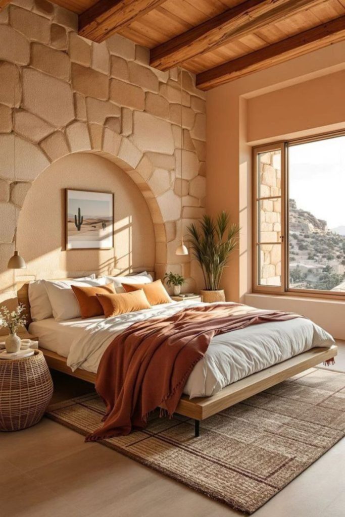 Warm terracotta bedroom with rattan décor.
