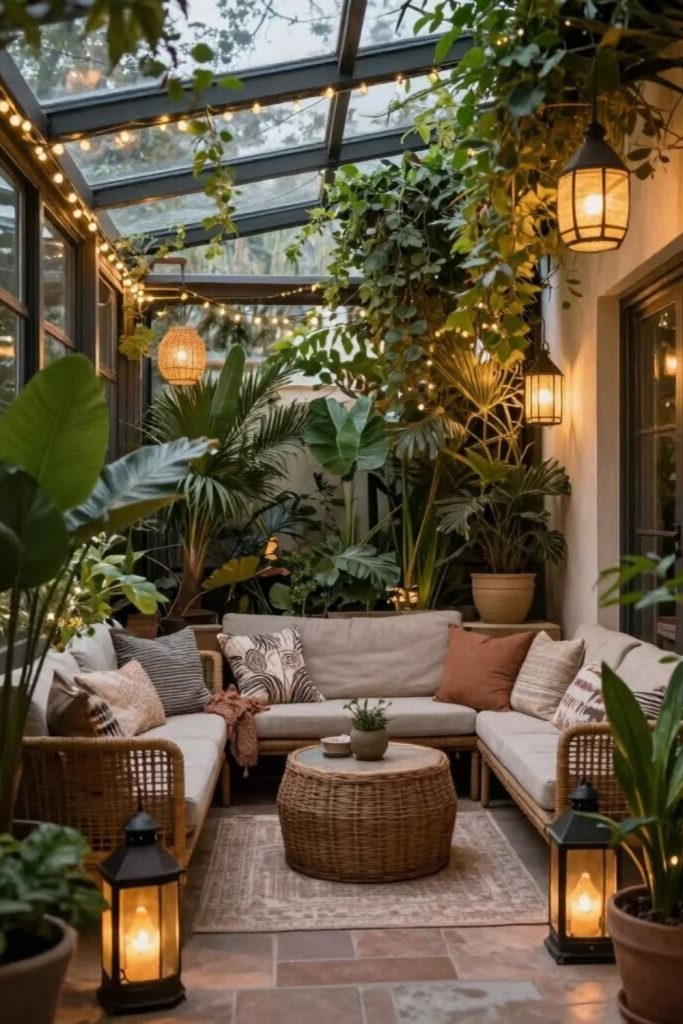 Desert-inspired conservatory with terracotta planters.