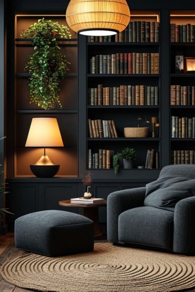 Dramatic black shelves with cream seating.