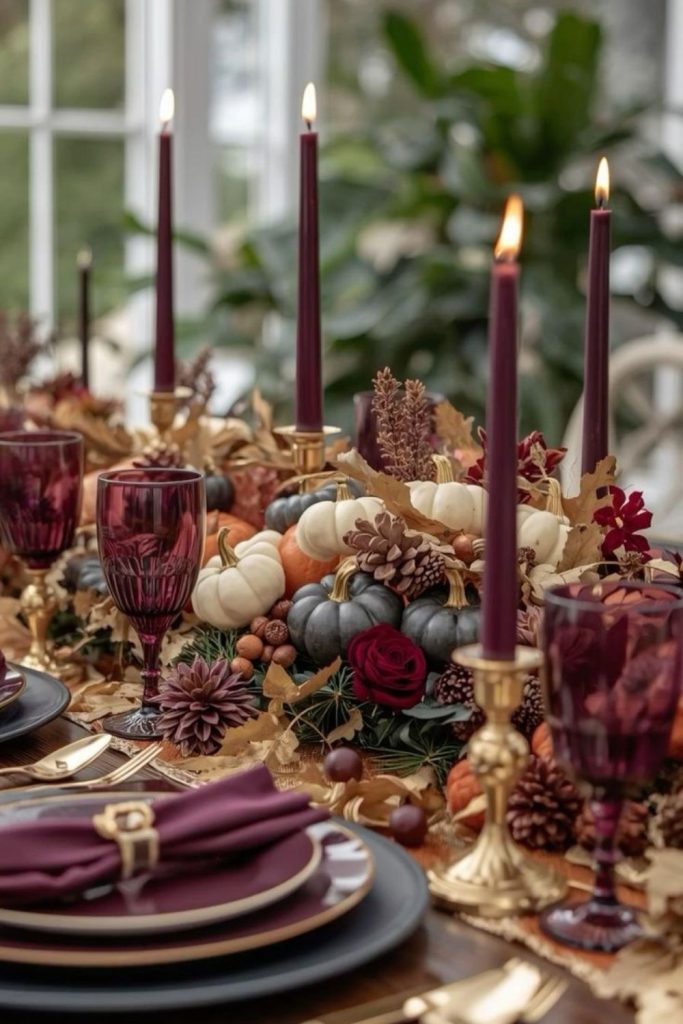 Burgundy Thanksgiving harvest table decor