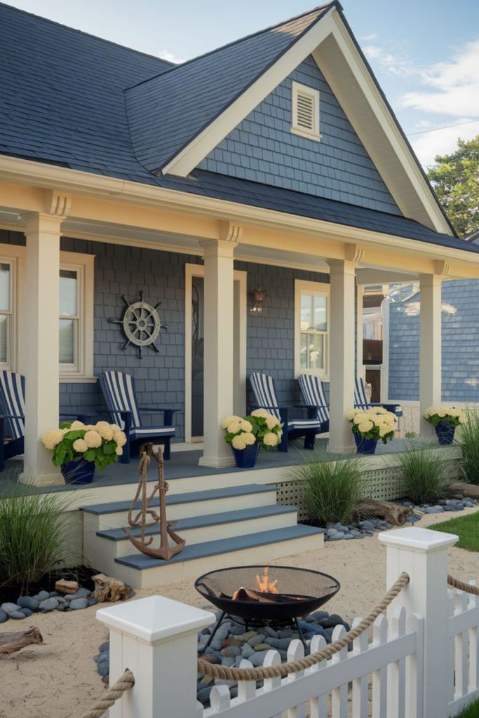 Dusty blue house with warm white.
