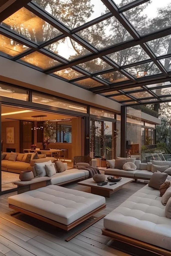 Modern glass conservatory with sleek furnishings.