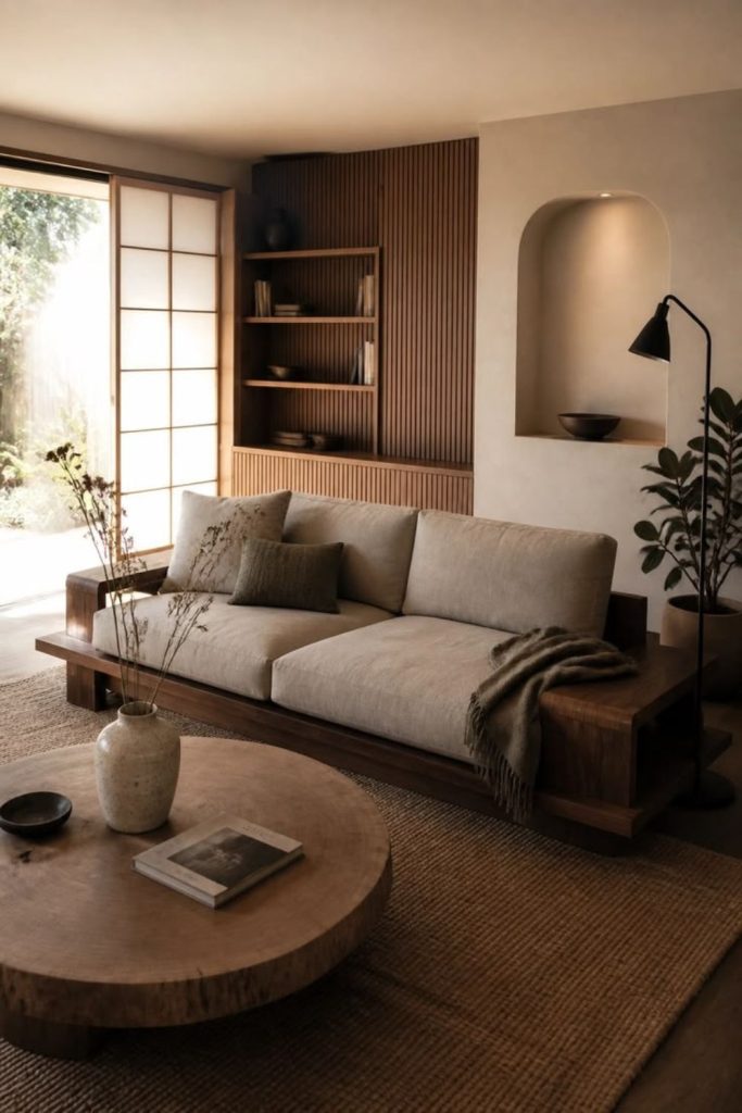 Earthy Japandi living room retreat.