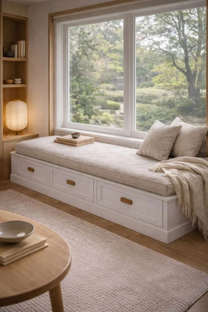 Earthy Japandi window seat design.