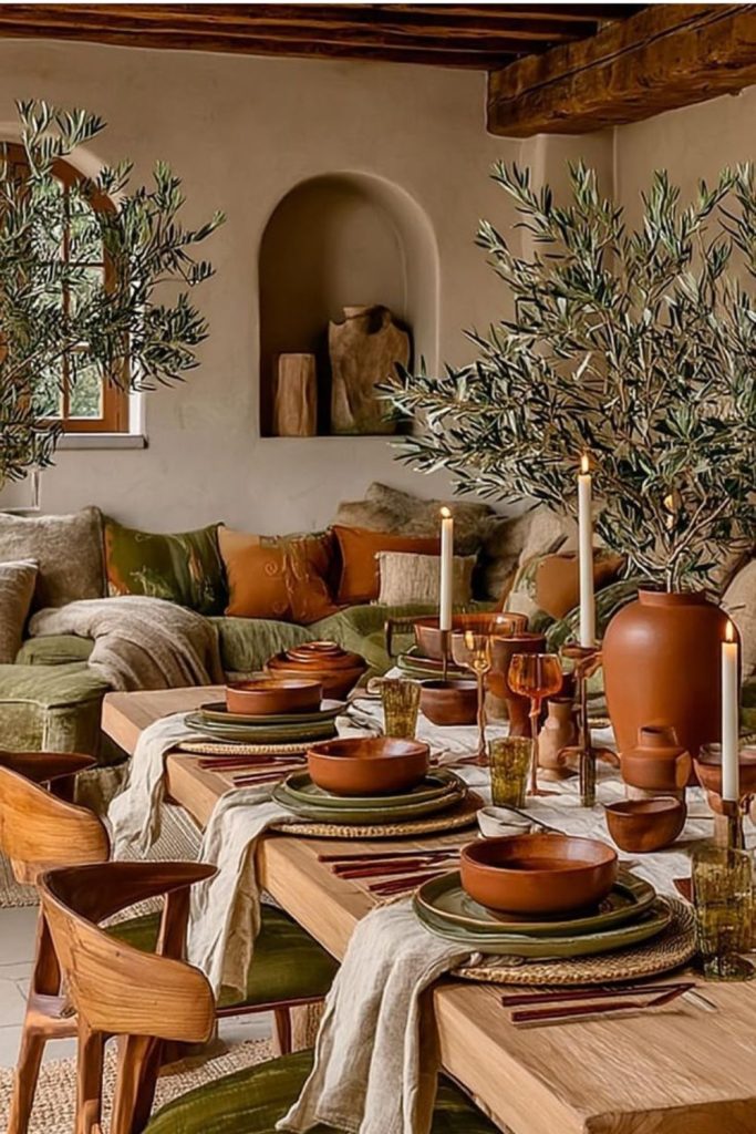 Mediterranean dining room featuring terracotta décor.