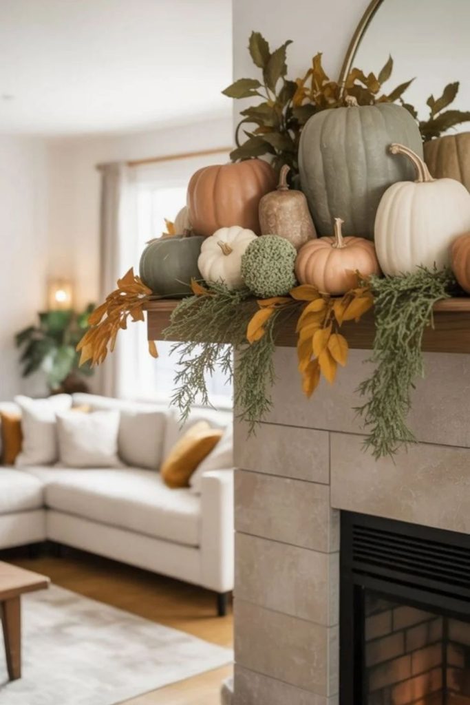 Earthy olive mantel with terracotta pumpkins.