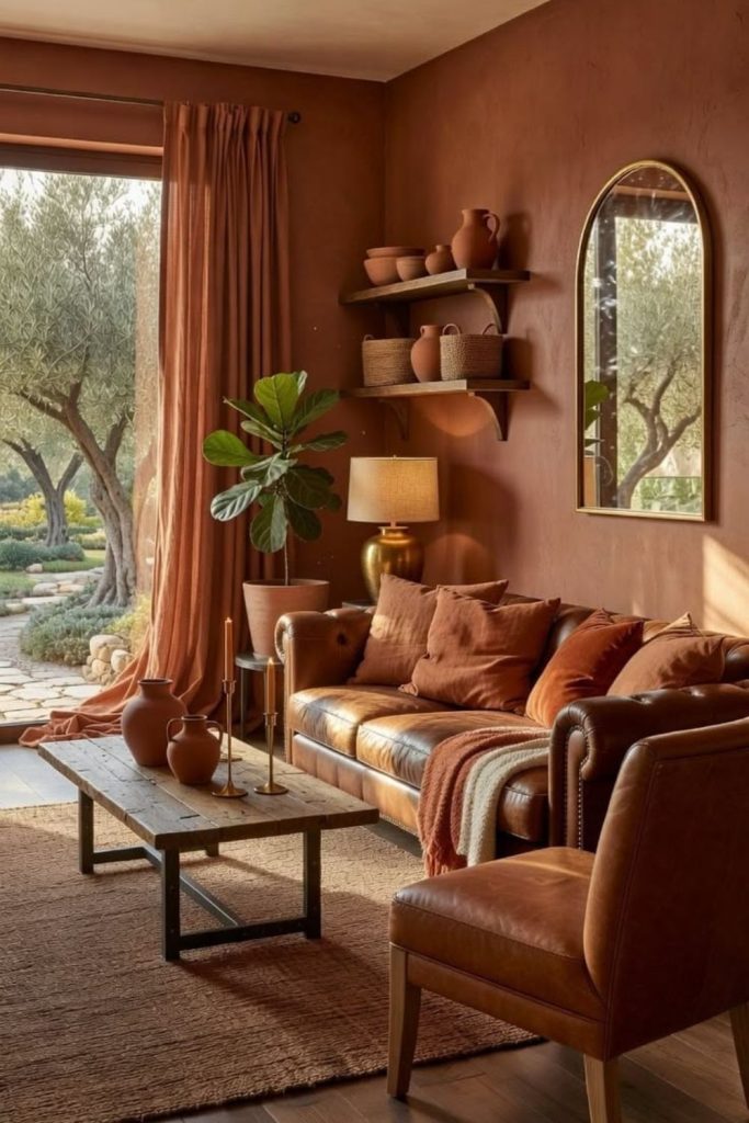 Earthy terracotta haven with warm decor.