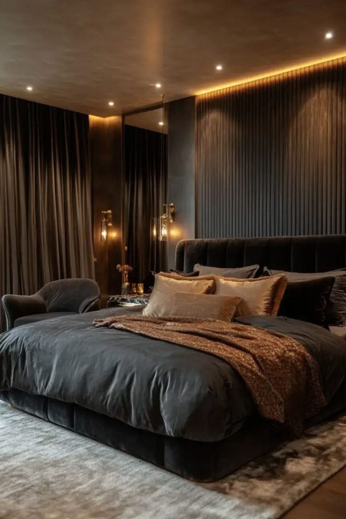 Ebony black luxury loft bedroom interior.