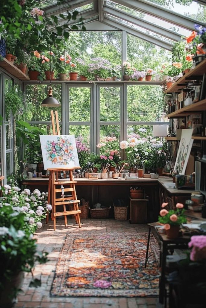 Eclectic artist conservatory filled with artwork.