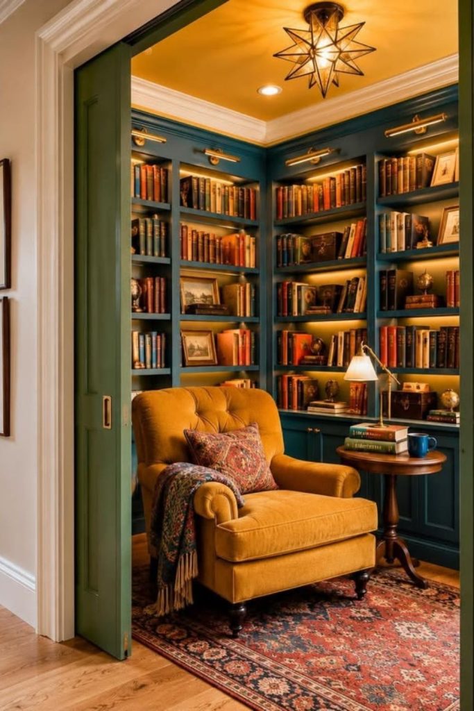 Eclectic collector library with colorful books.