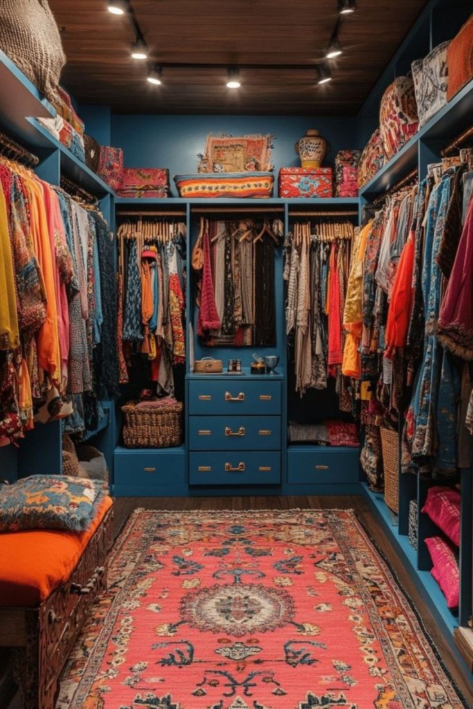 Eclectic colorful walk-in closet interior.