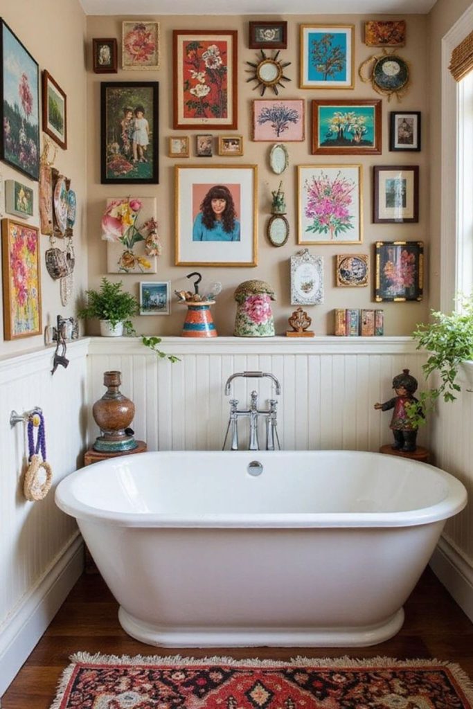 Eclectic maximalist bathroom gallery wall