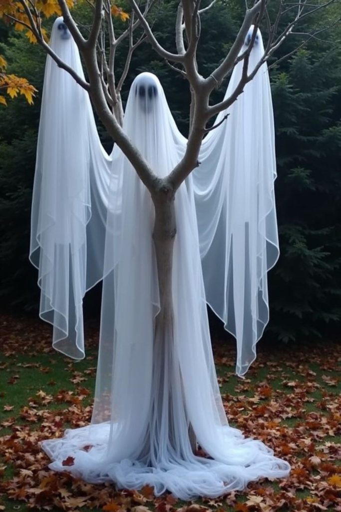 Eerie cheesecloth haunted tree decorations