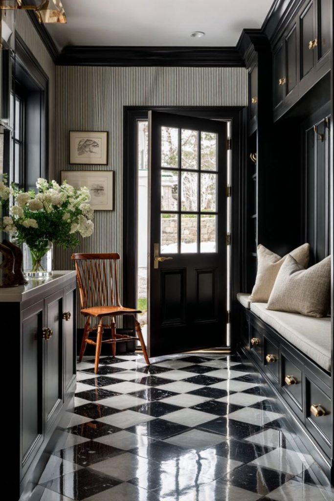 Elegant black and white boot room.