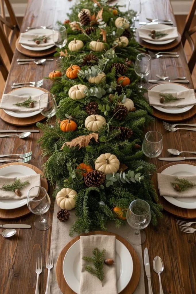 Evergreen Thanksgiving harvest table decor