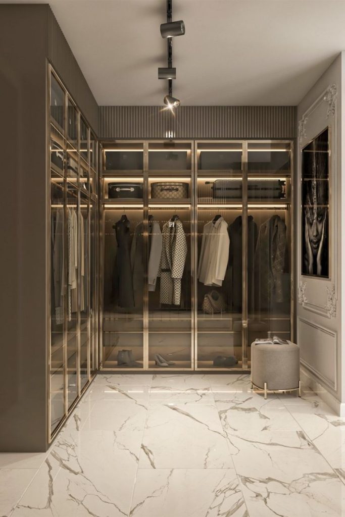Elegant glass cabinet wardrobe design.