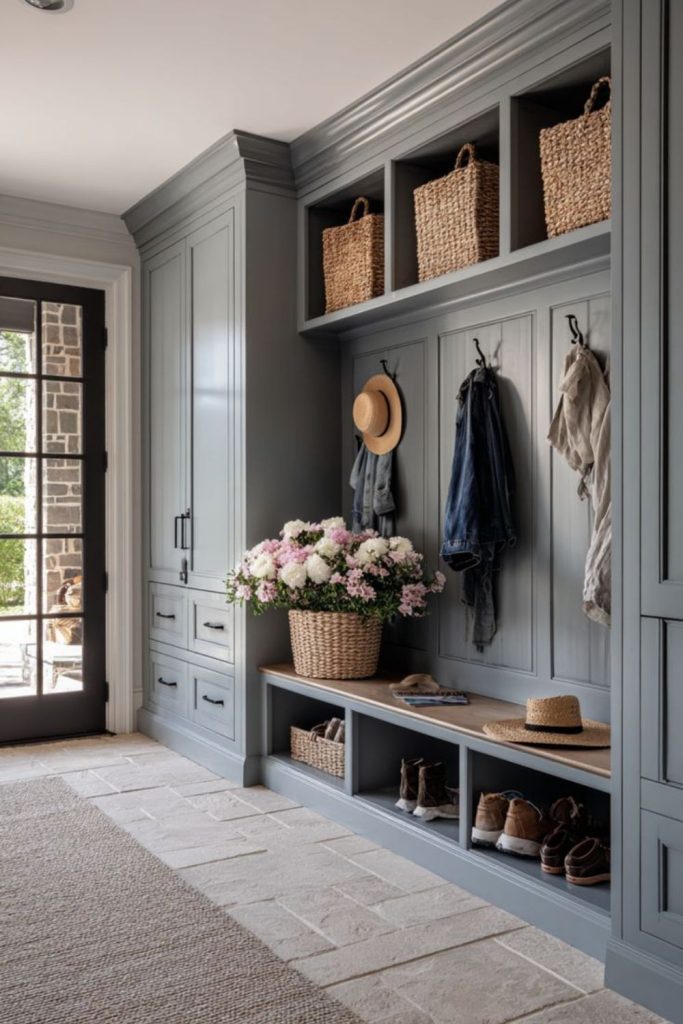Elegant gray mudroom storage design