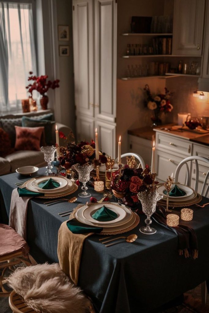 Jewel-tone elegant Thanksgiving table setting