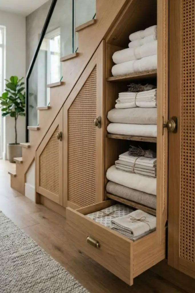 Elegant understairs linen storage cabinet.