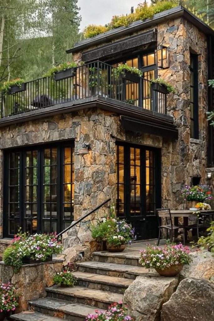 Elegant stone accent house entrance.