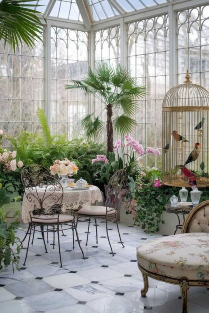 Elegant Victorian conservatory with vintage furnishings.