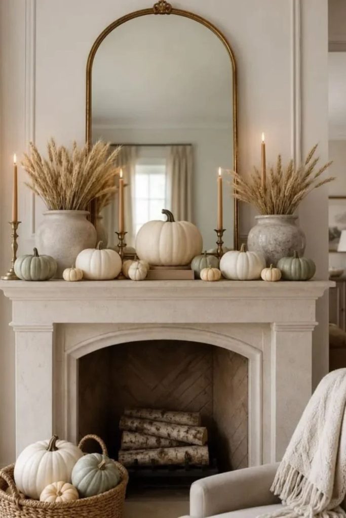Elegant white pumpkin mantel with greenery.