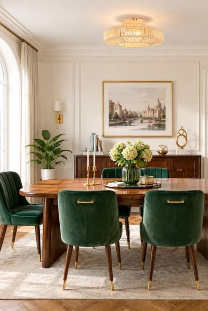 Emerald accent dining room with gold.