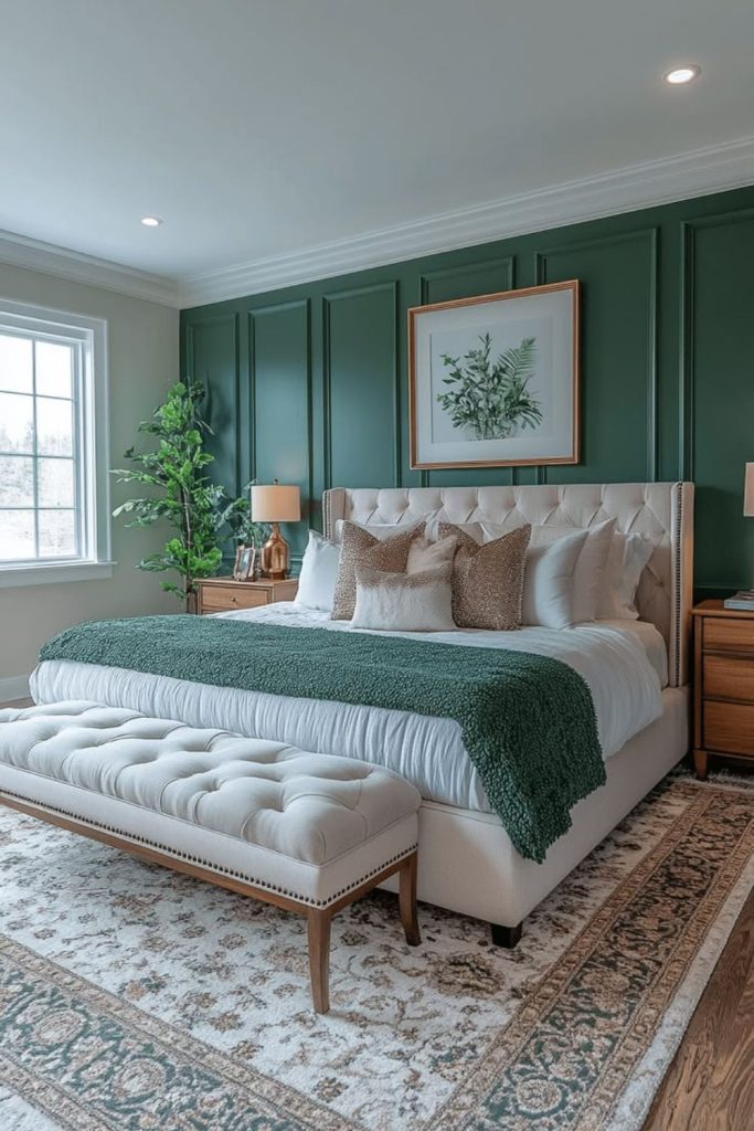 Emerald accent luxury modern bedroom décor.