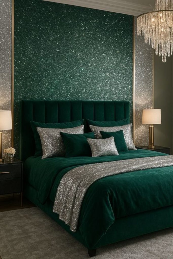 Emerald bedroom with gold luxury accents.