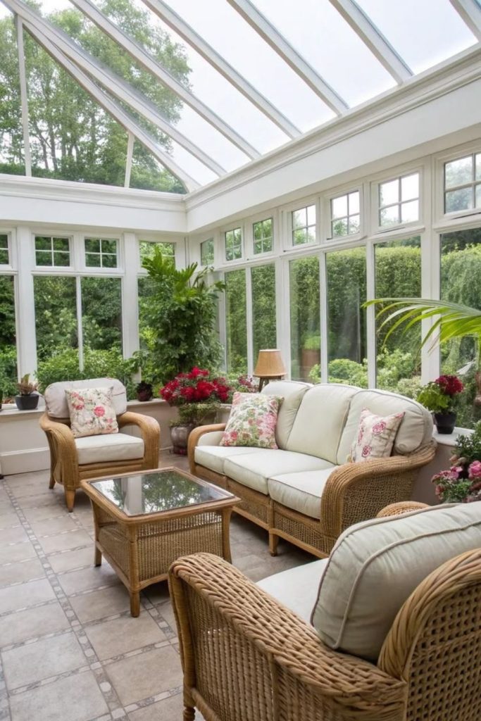 Elegant English country conservatory with florals.