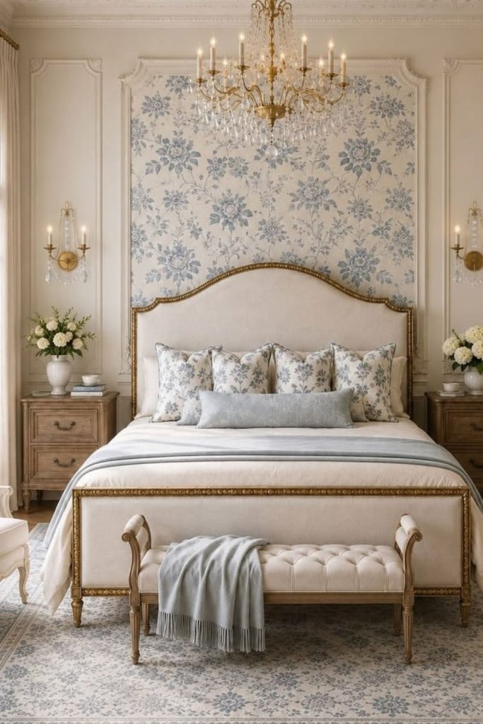 English manor grandmillennial bedroom design.