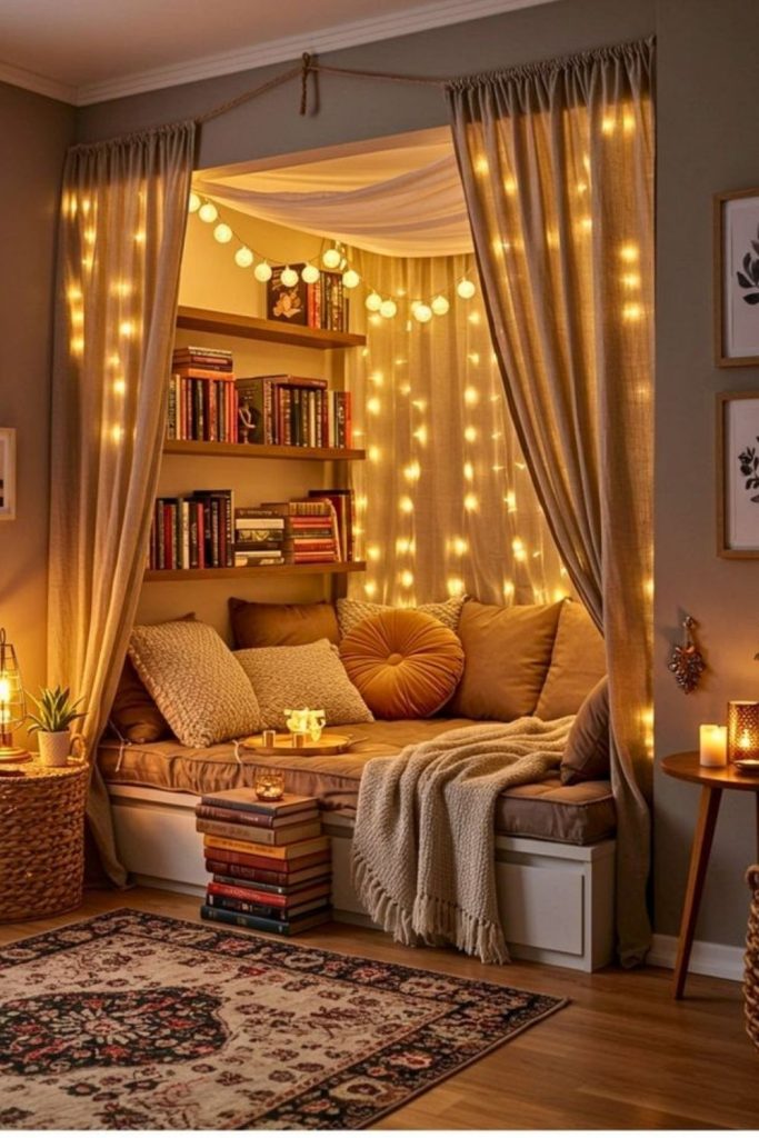 Fairy-light hideaway with magical ambience.