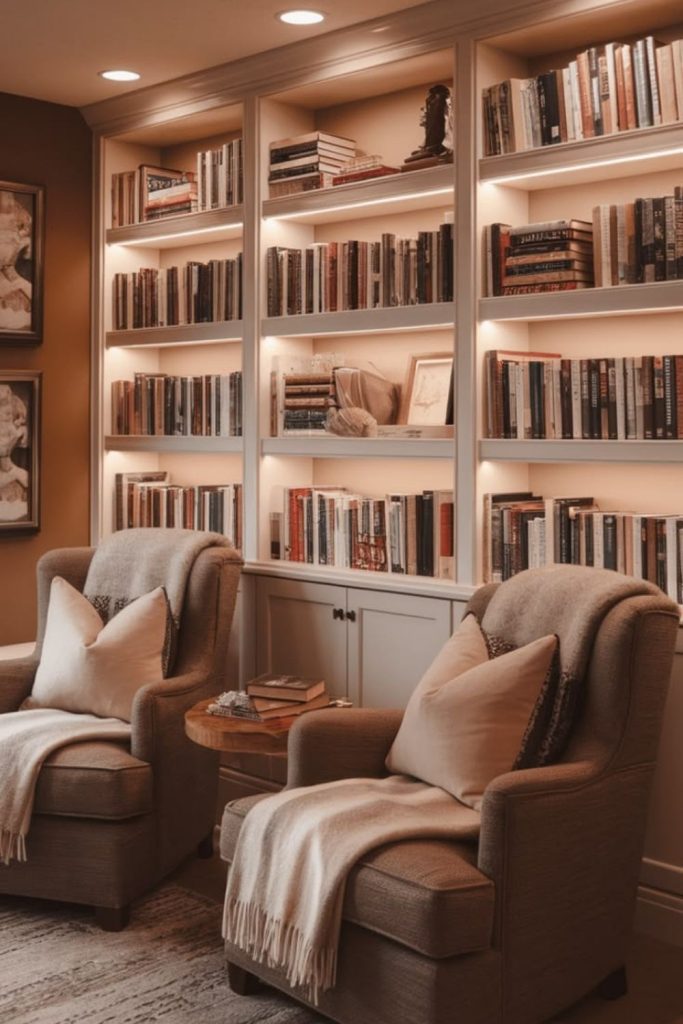 Family-friendly library with colorful cushions.