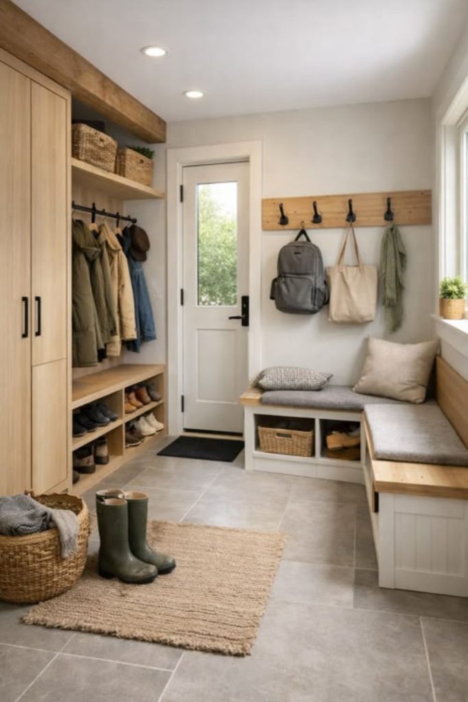 Family-friendly boot room with cubbies.