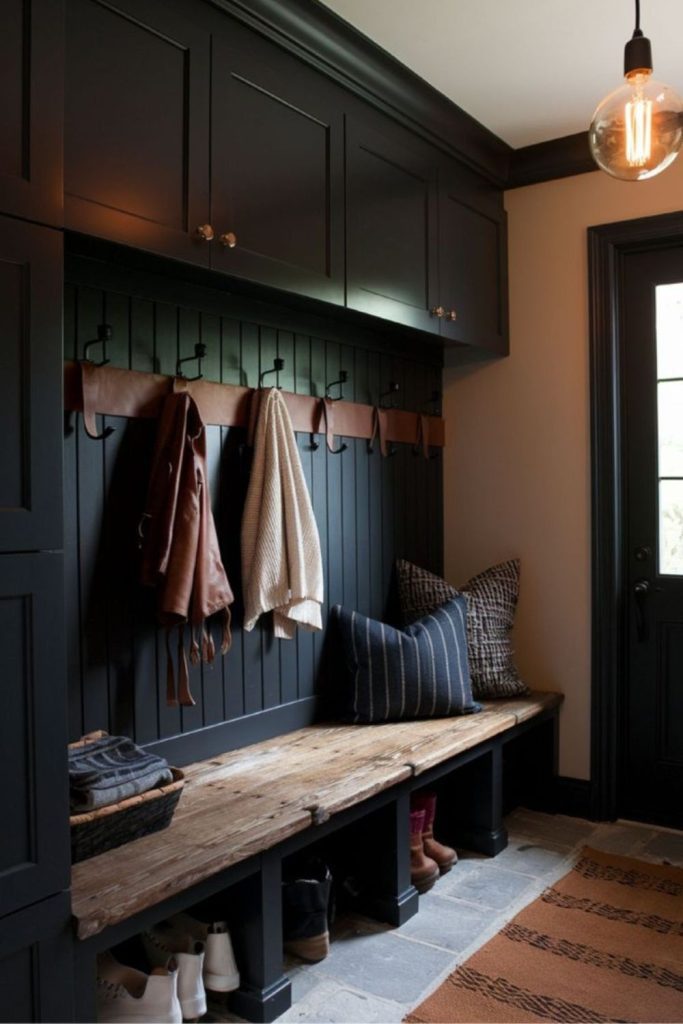 Black farmhouse mudroom storage design