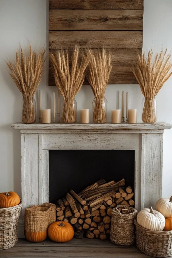 Farmhouse mantel featuring cornstalks and pumpkins.