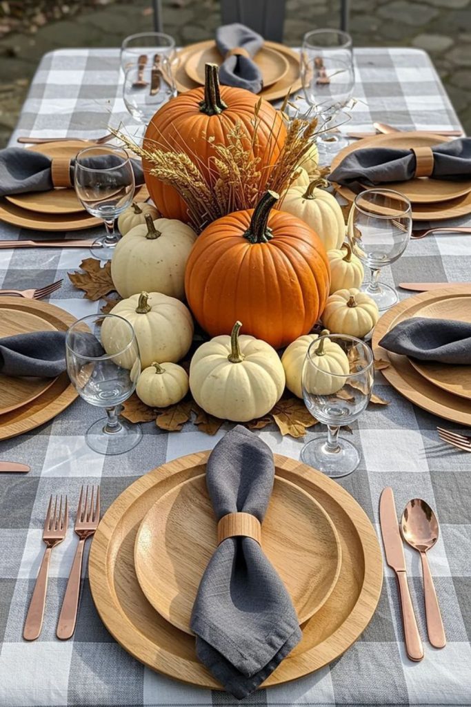 Farmhouse pumpkin Thanksgiving dining table