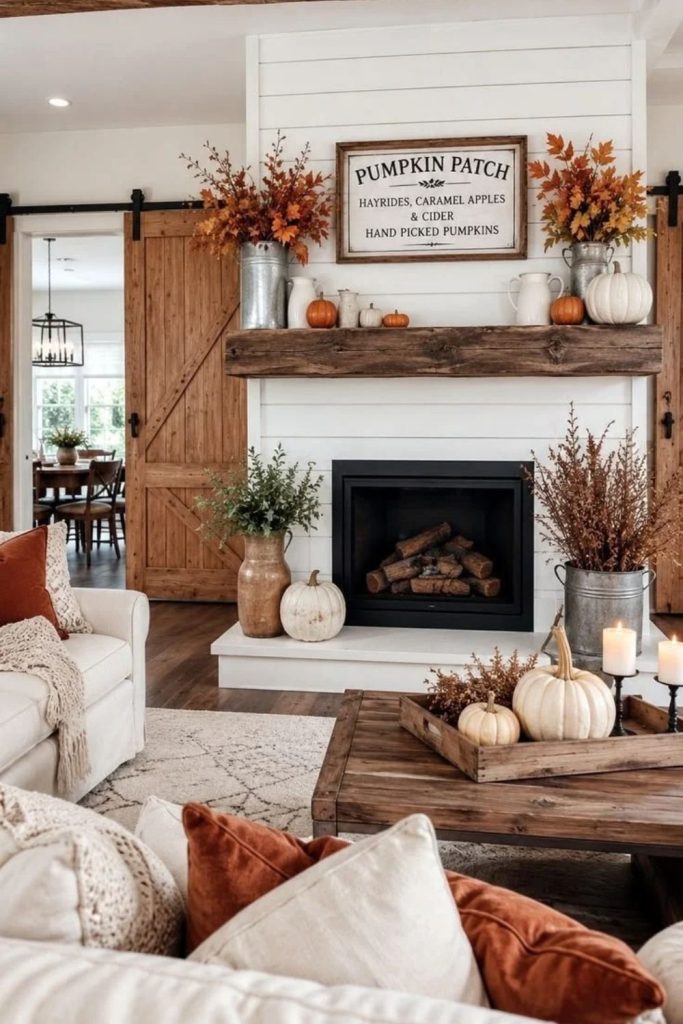 Farmhouse sign mantel with pumpkins and lanterns.