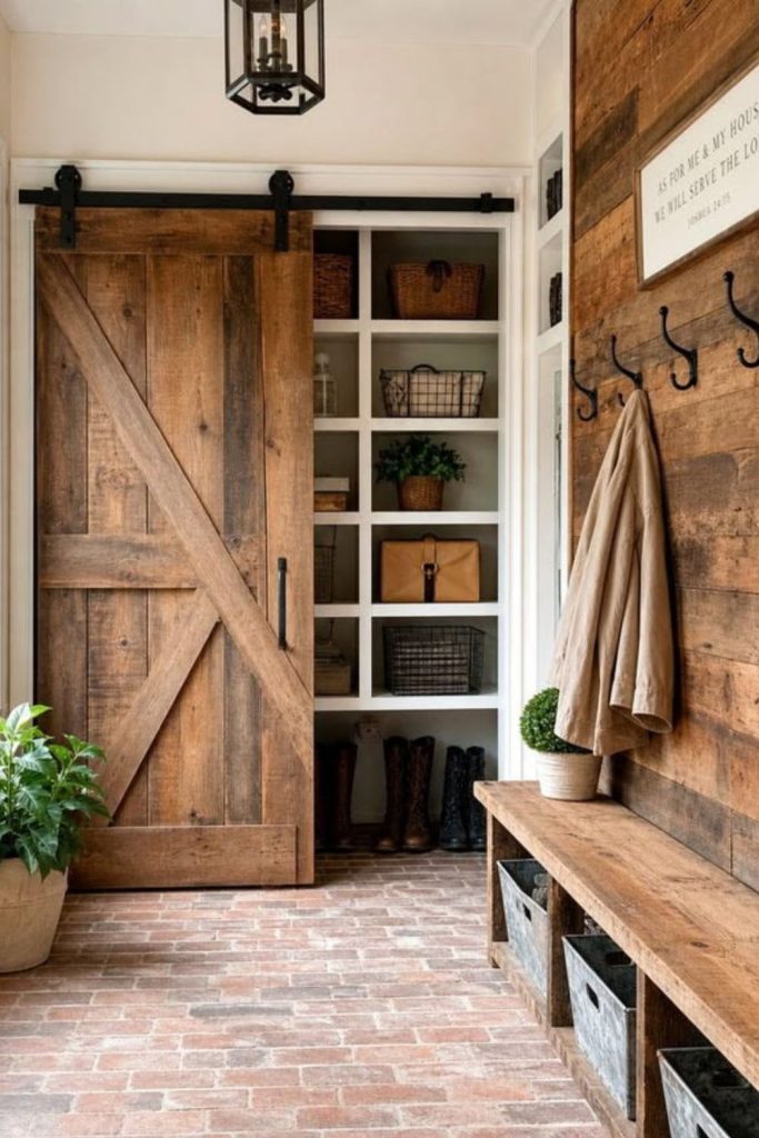 Farmhouse timber boot room with storage.