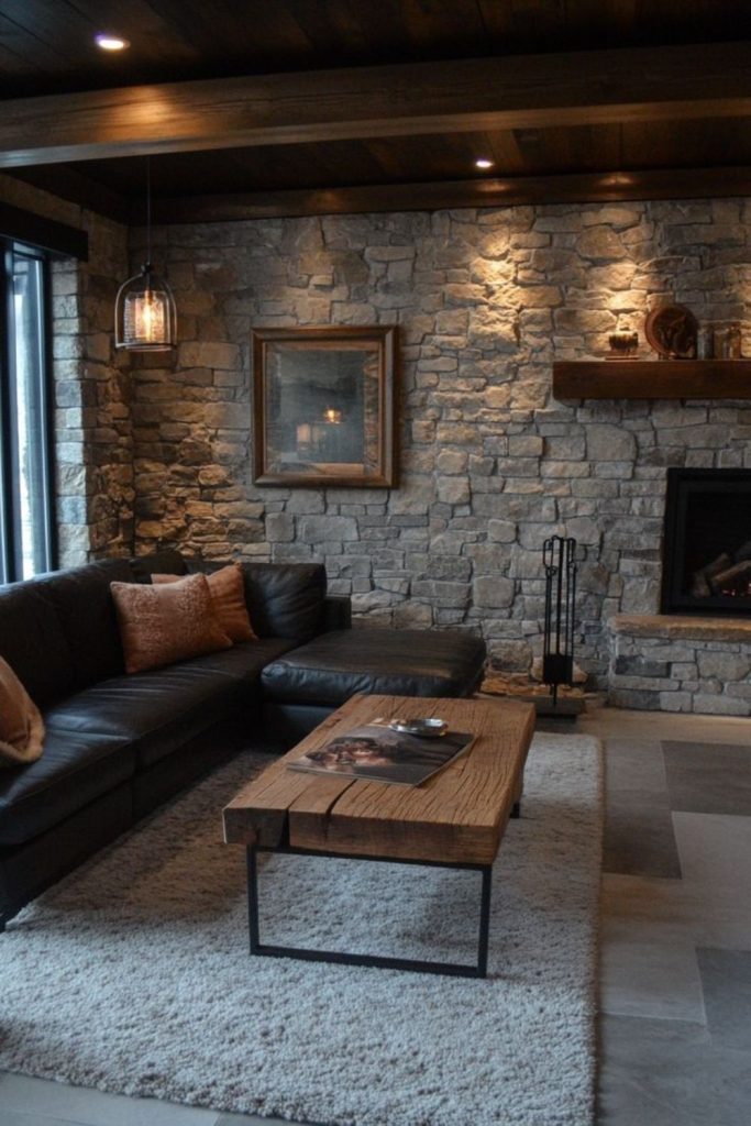 Faux brick unfinished basement feature wall