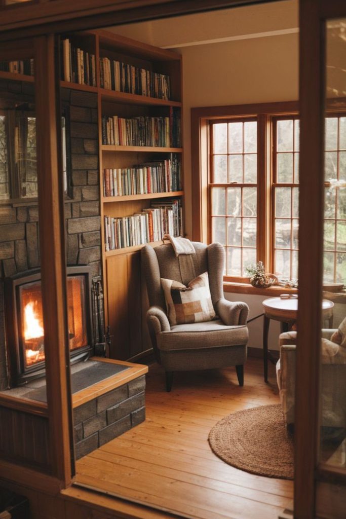 Fireplace chair cozy reading retreat.