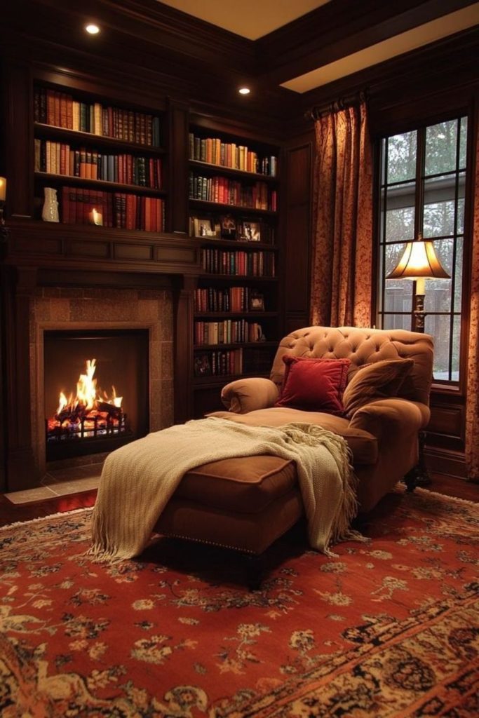Cozy fireside home library reading nook.