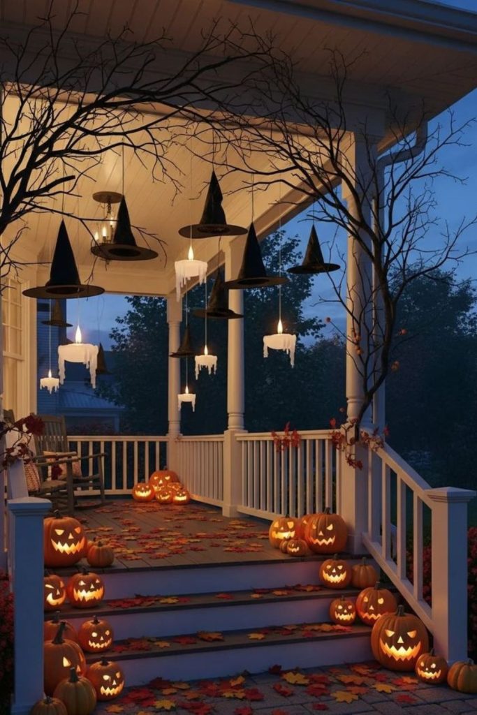 Floating candles illuminating magical Halloween porch.