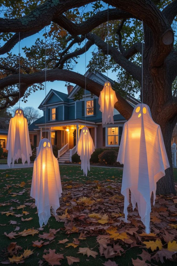 Floating ghost family among garden trees.